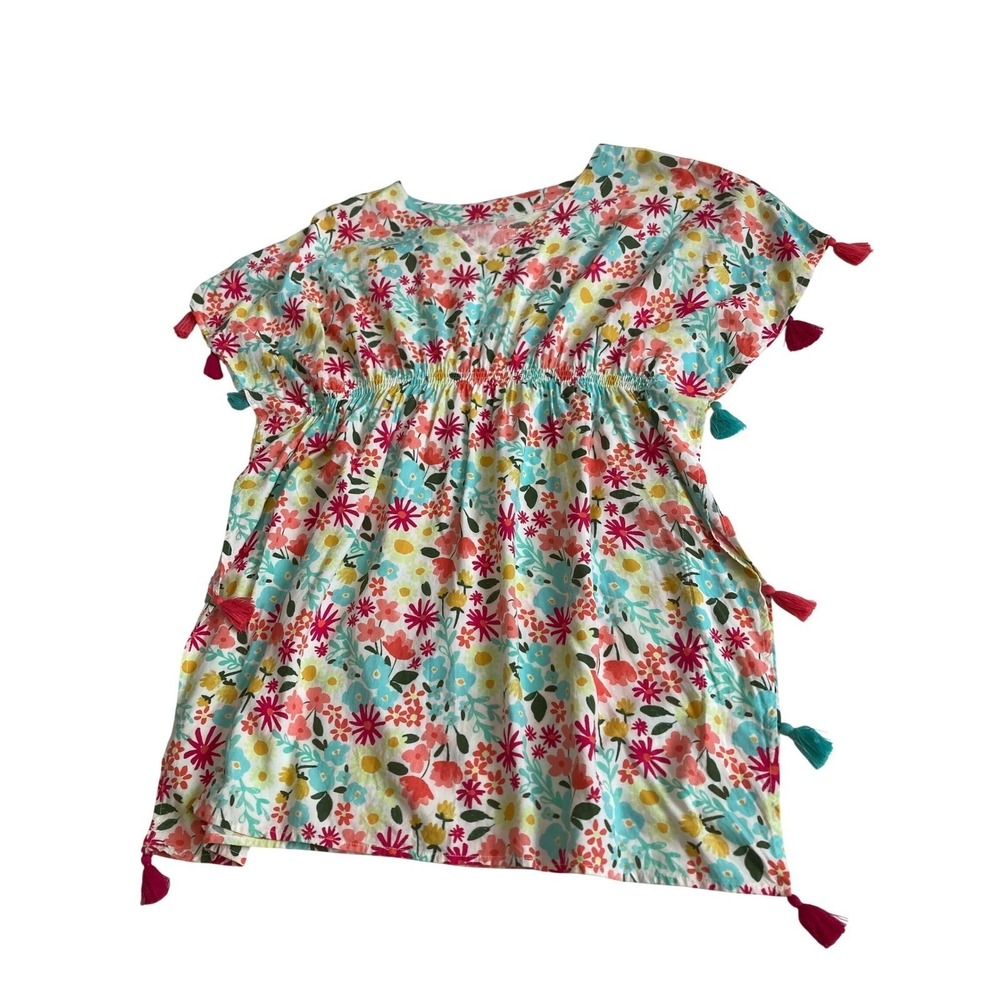 Cat & Jack Floral Kaftan Swim Cover Up Girls Tassel Trim V-Neck White XL 14/16 - Picture 7 of 10